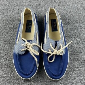 Polo Ralph Lauren Devin Boat Shoes 7.5B Blue Pinstripe Striped Canvas Low Top